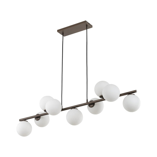 ESTERA 9-light pendant in dark brown with nine opal glass globes on a linear frame