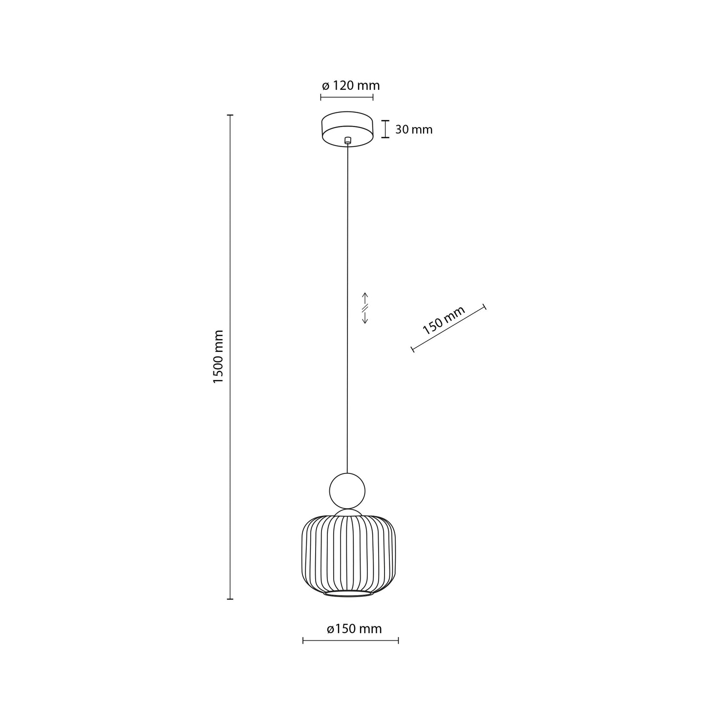 BALLO pendant technical drawing showing the 5.91 inch shade diameter and 59 inch adjustable drop