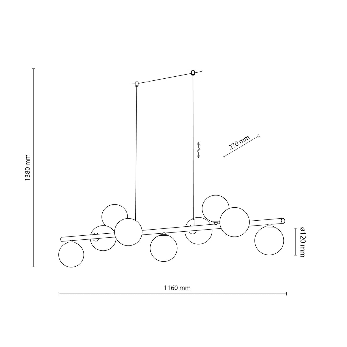 ESTERA 9-light pendant technical drawing showing the 1160 mm length and 1380 mm maximum drop