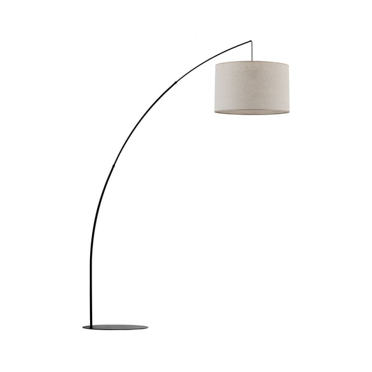 MOBY arc floor lamp with a telescopic arm and a 23.62 inch beige linen shade on a metal tripod base
