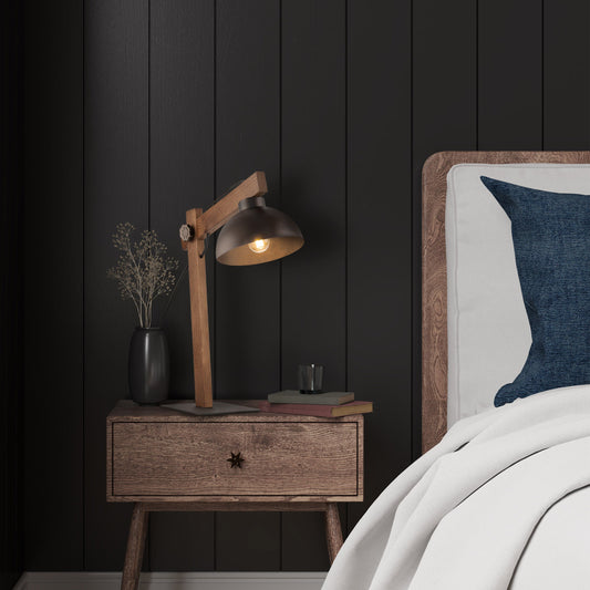 OSLO Brown table lamp shown on a nightstand beside a bed