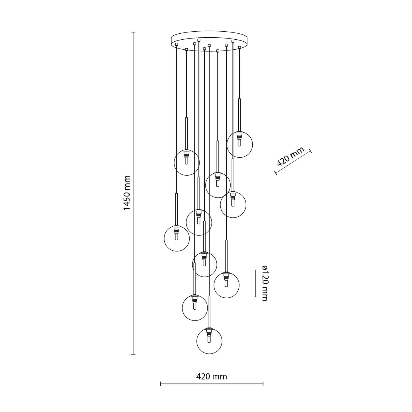 NILOS chandelier technical drawing showing the 14.17 inch canopy and 61 inch maximum drop