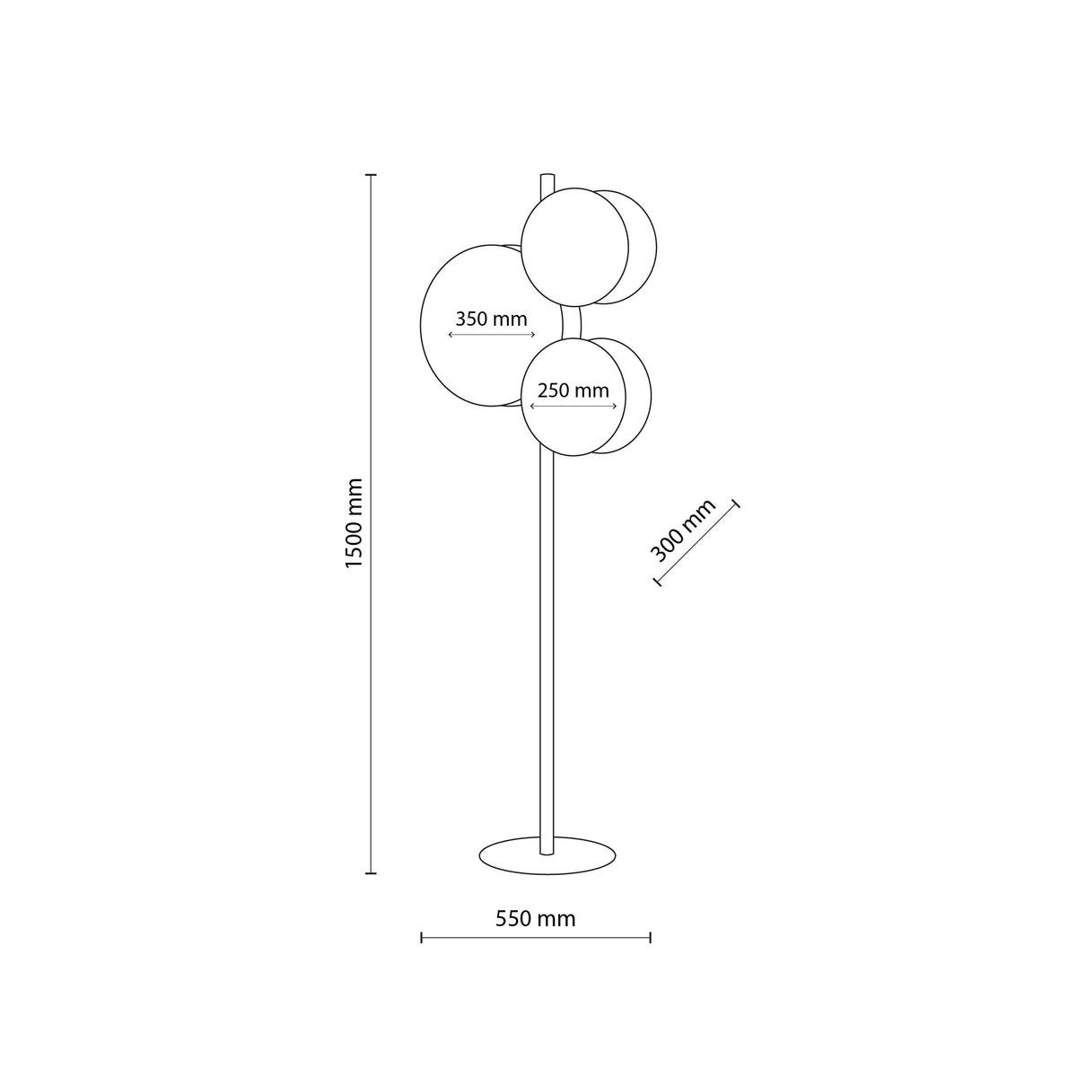 PULSE floor lamp technical drawing showing the 1500 mm height and 550 mm width