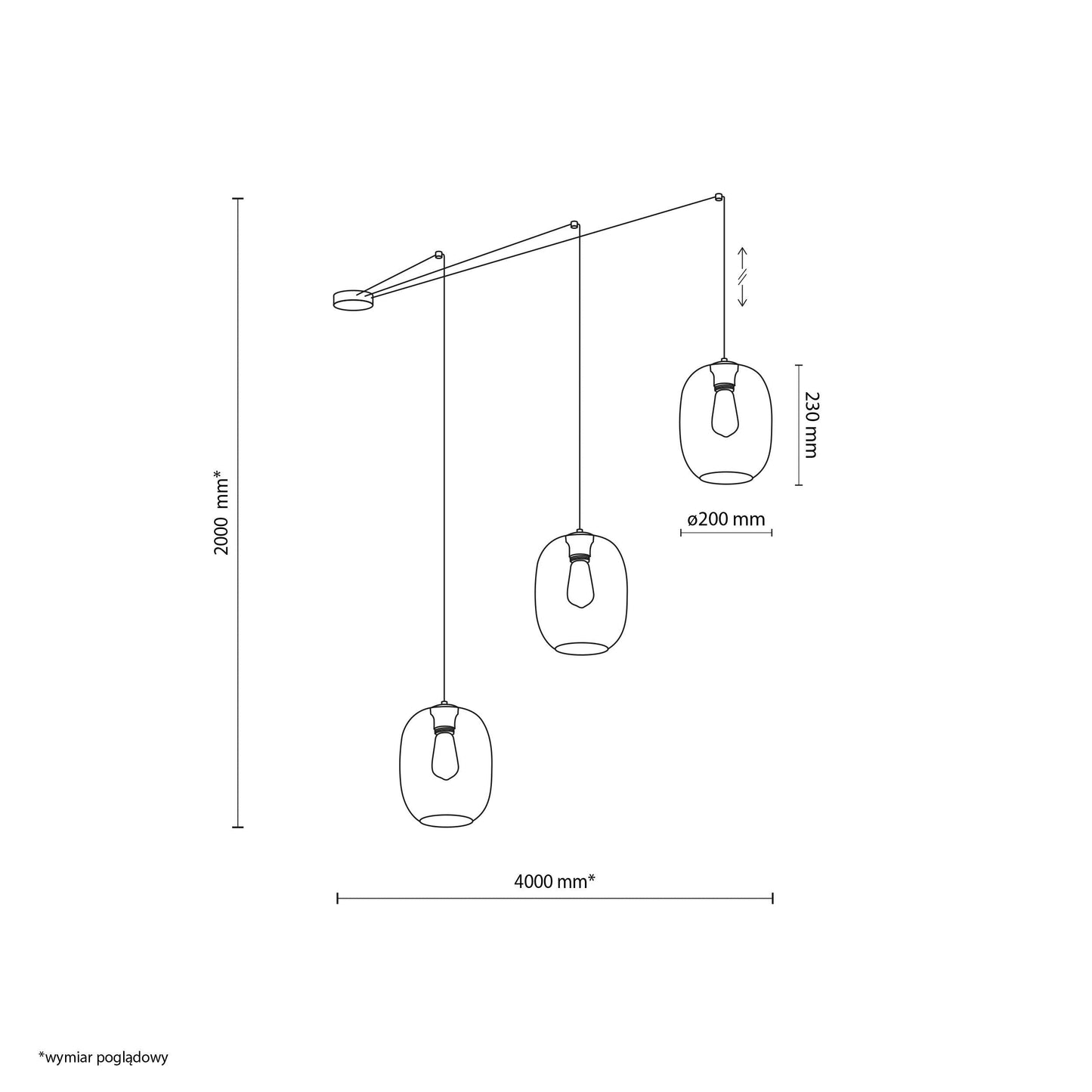ELIO pendant technical drawing showing the 157 inch maximum spread and 82 inch maximum drop