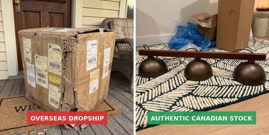A side-by-side comparison showing a heavily crushed overseas shipping box next to a pristine, locally stocked 3-light Scandinavian pendant