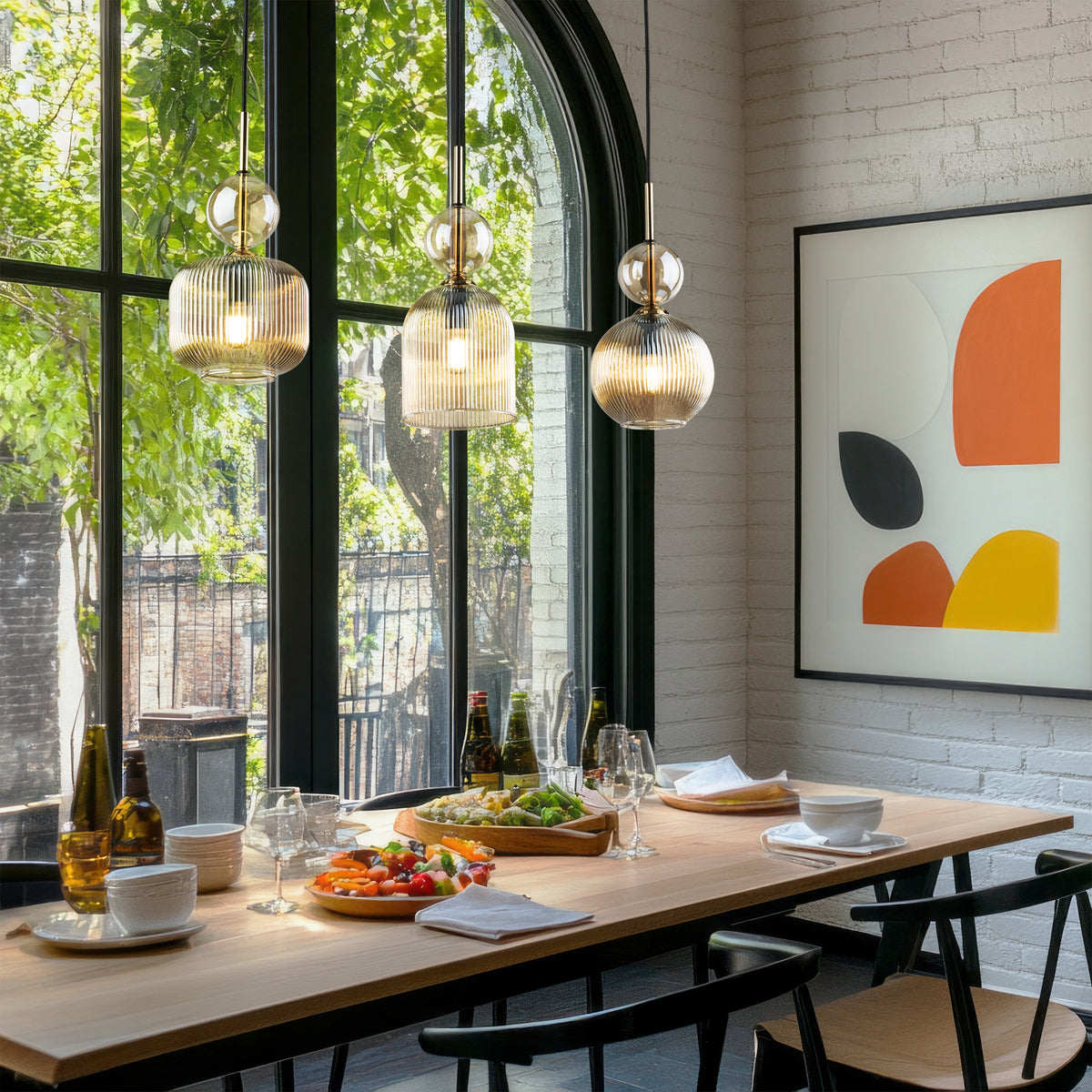SOPHIA cognac linear pendant styled in a modern dining room