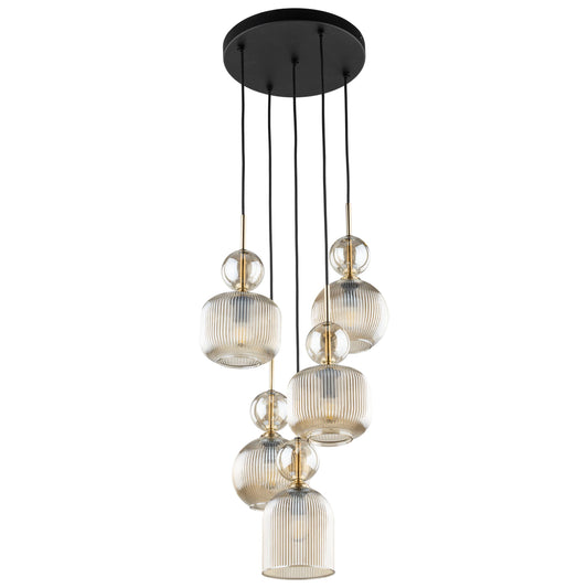 Close view of a SOPHIA 5-light cognac ribbed glass shade and its fitting