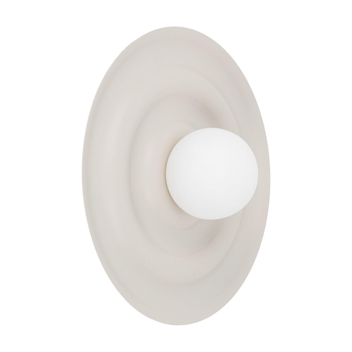 ONDA opal glass wall sconce by LumoCrafts, a 15.75 inch wave-formed steel disc in cashmere beige with an opal glass shade at its centre
