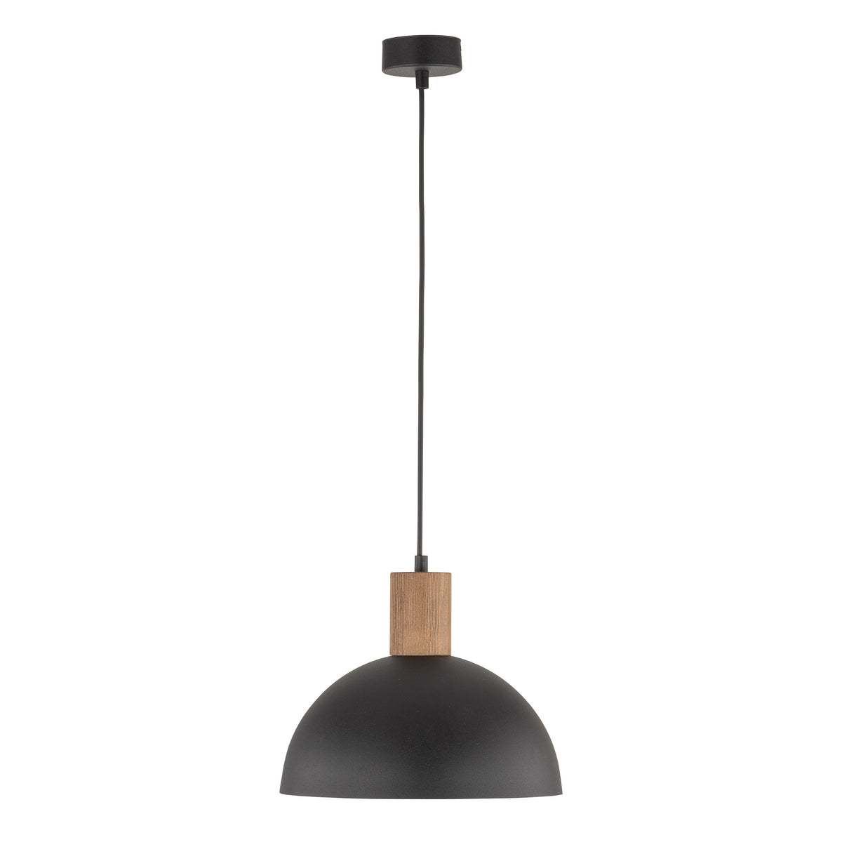 OSLO black pendant lit above a counter in the evening