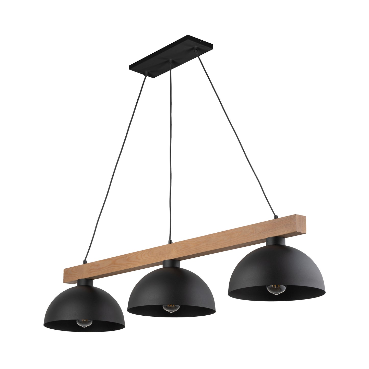 OSLO 3-light pendant in black with a solid pine beam and three curved metal shades