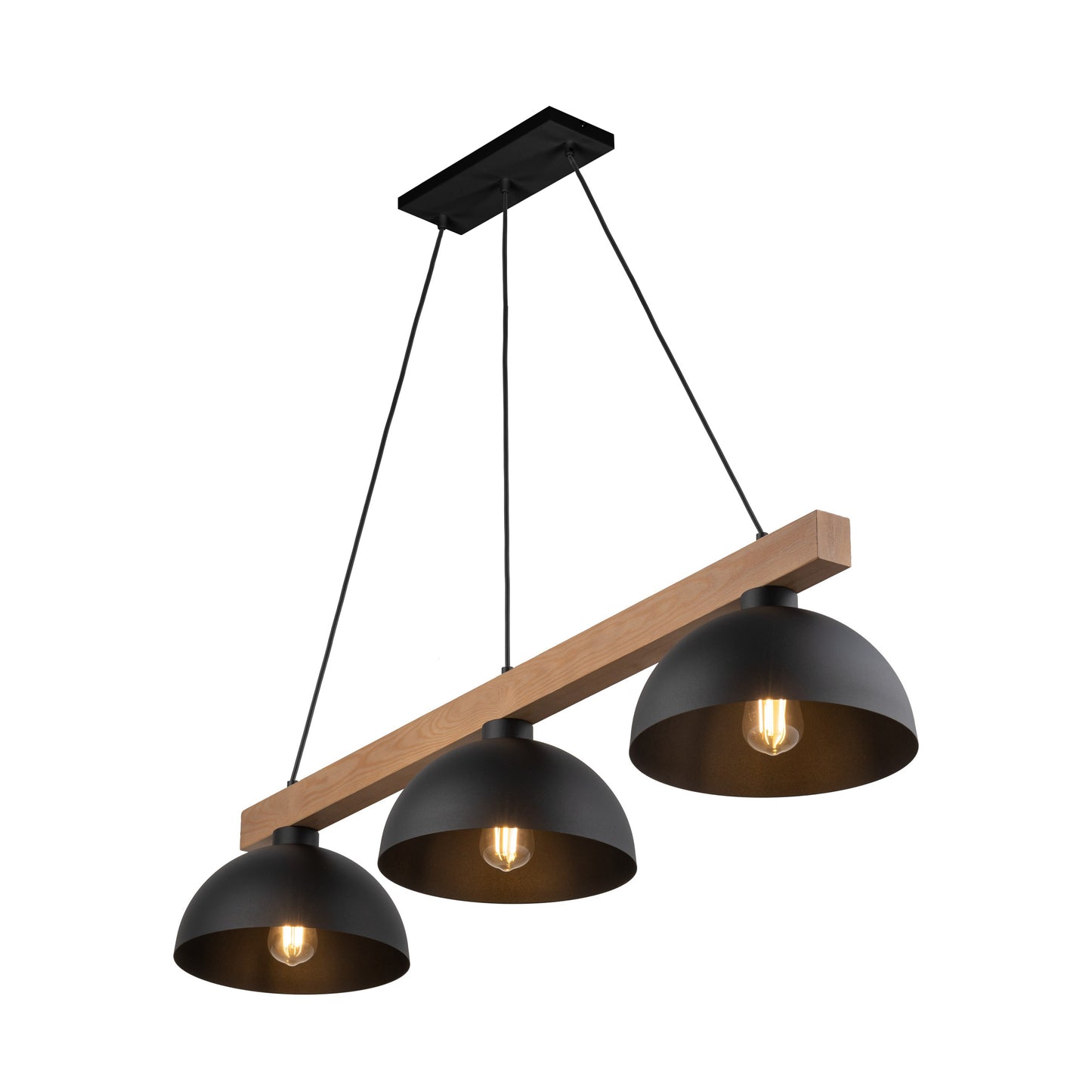 Close view of the OSLO black metal shade and pine wood beam