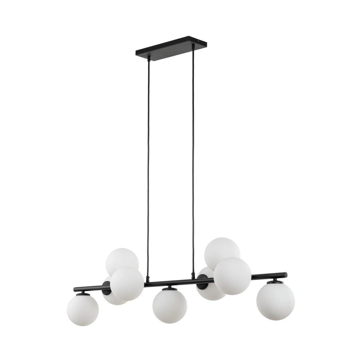 ESTERA 9-light black pendant lit, nine opal globes glowing evenly