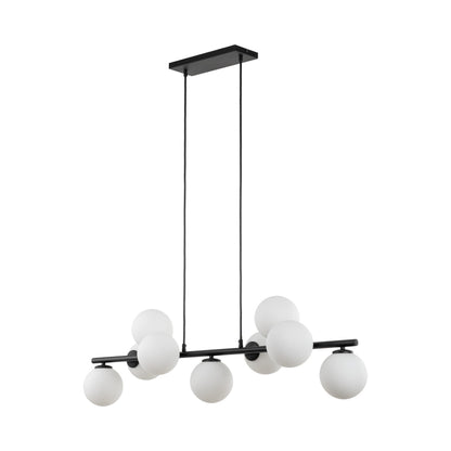 ESTERA 9-light black pendant lit, nine opal globes glowing evenly