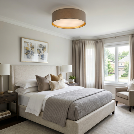 BILBAO Gold Fabric Flush Mount Ceiling Light for Bedroom, Hallway & Living Room LumoCrafts