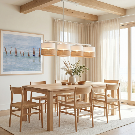 Linobianco 4-Light Linear Pendant with Linen & Jute Shades for Kitchen Island & Dining Table Lumocrafts