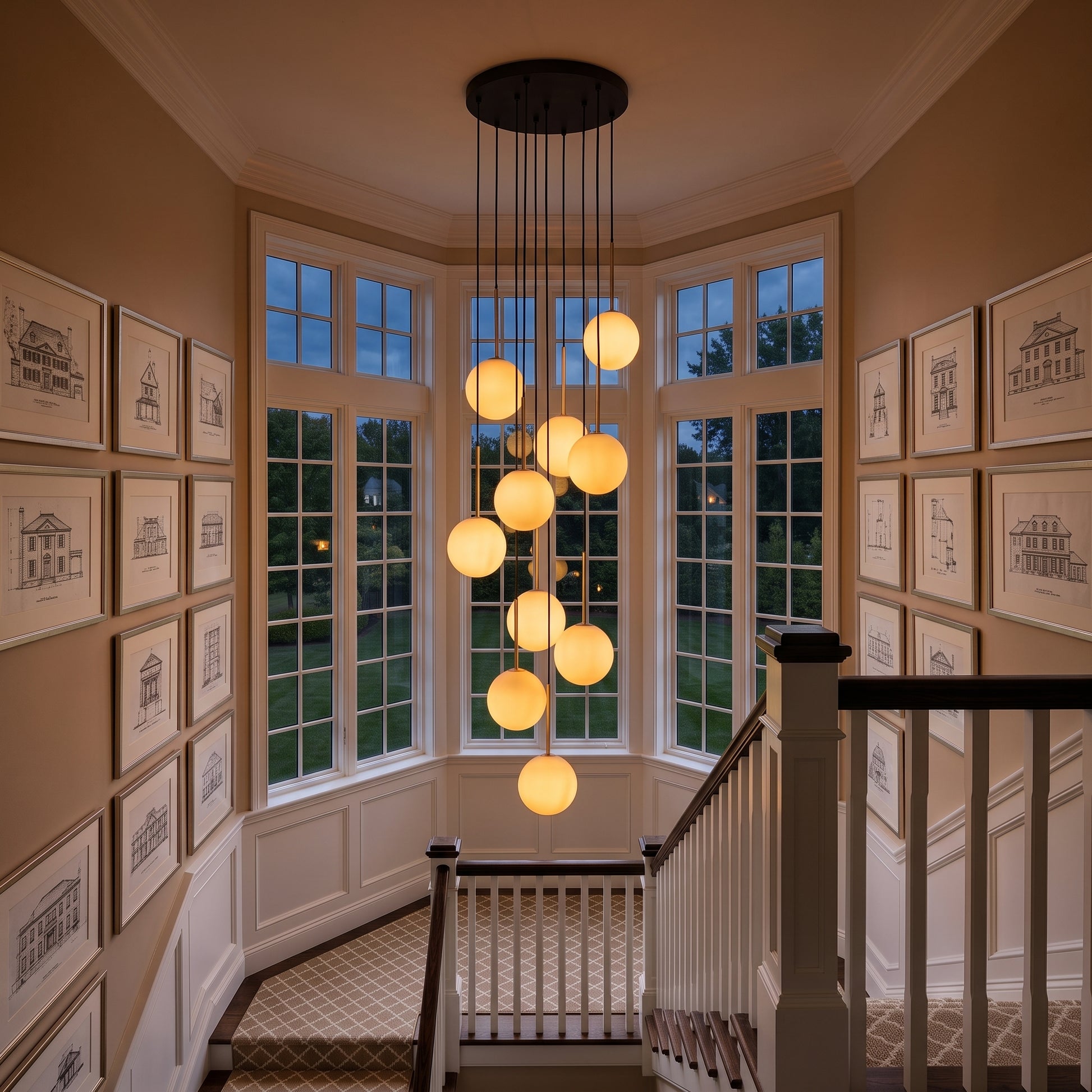 NILOS 10-Light Gold & Glass Cascade Chandelier for Stairwell & Entryway LumoCrafts Chandeliers