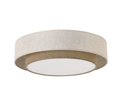 Ceiling light fixture with beige fabric shade on a white background