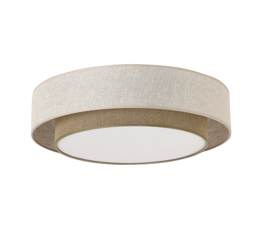 Ceiling light fixture with beige fabric shade on a white background