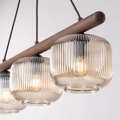 Close view of the ribbed cognac glass shade on the SALVIA pendant