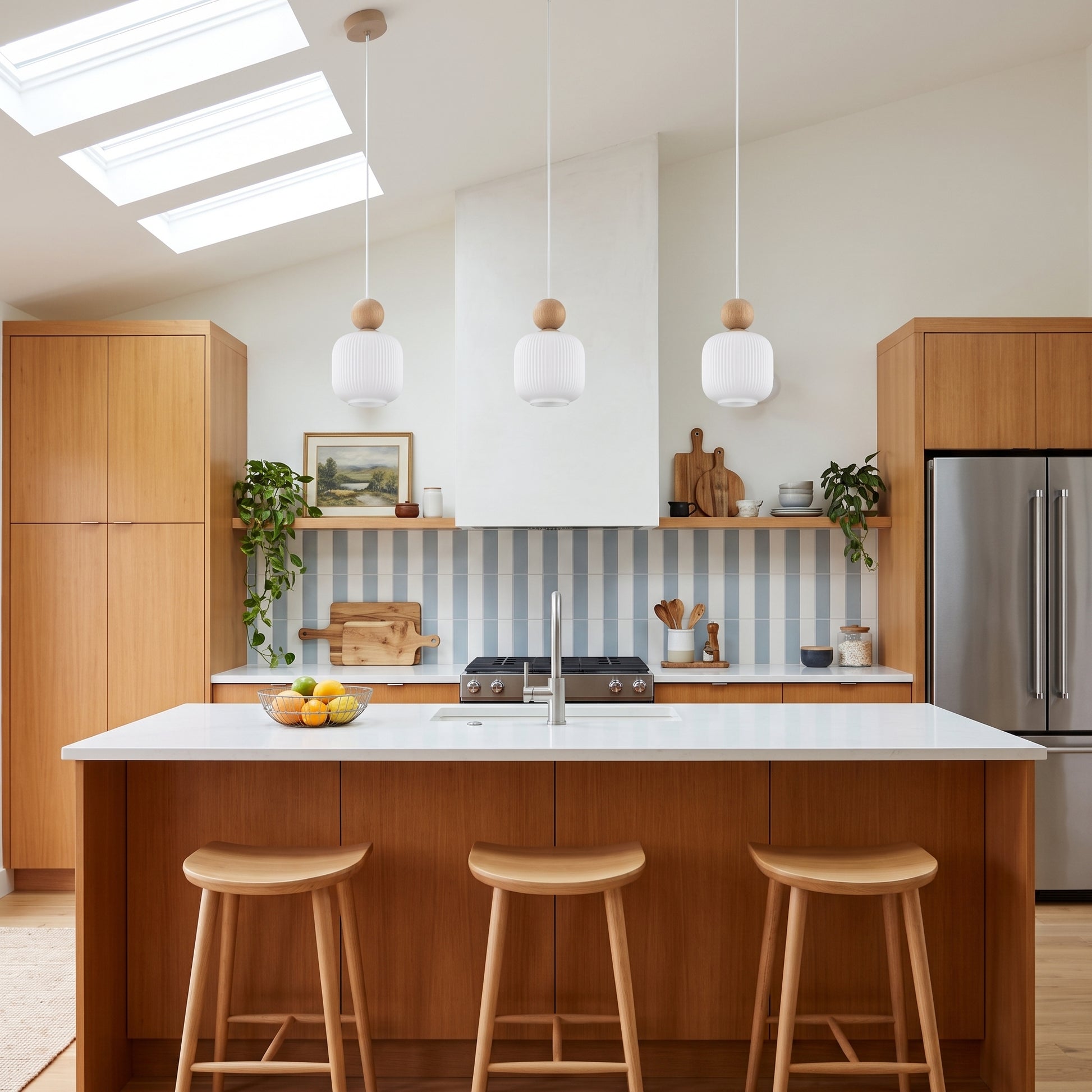 BALLO ribbed glass and wood mini pendant styled in an interior