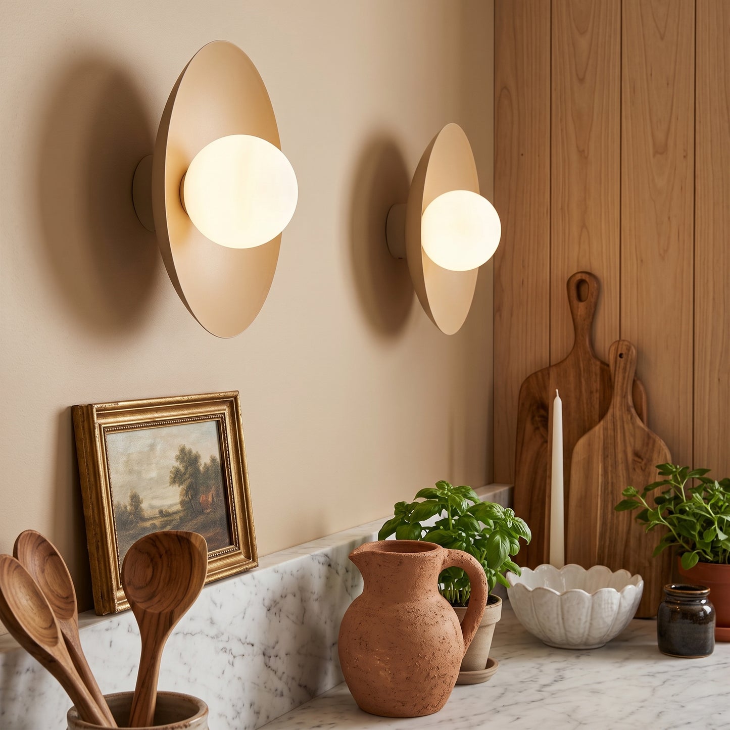 SLATE opal glass wall sconce mounted in a styled interior