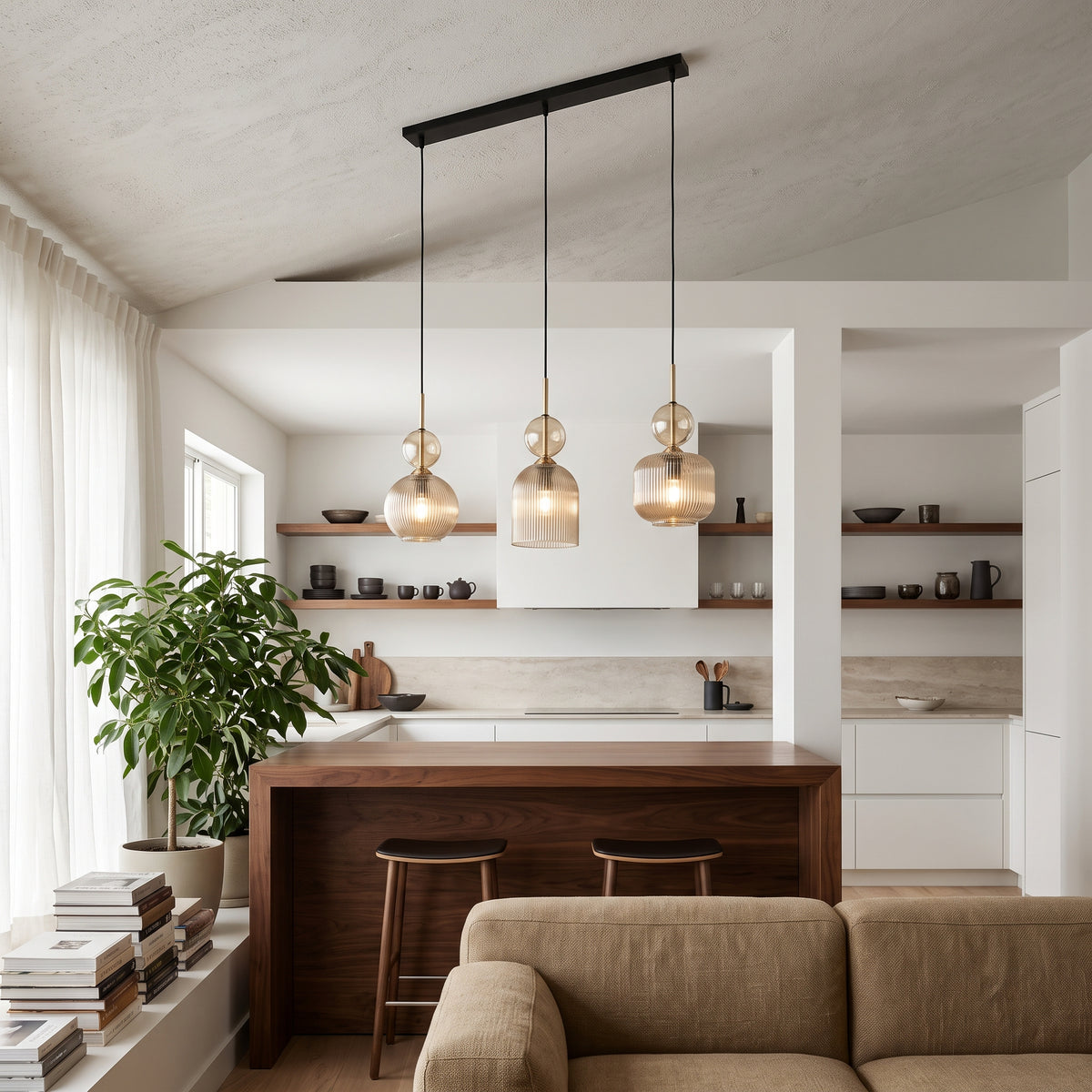 SOPHIA Cognac Ribbed Glass 3-Light Linear Pendant for Dining, Living Room & Kitchen