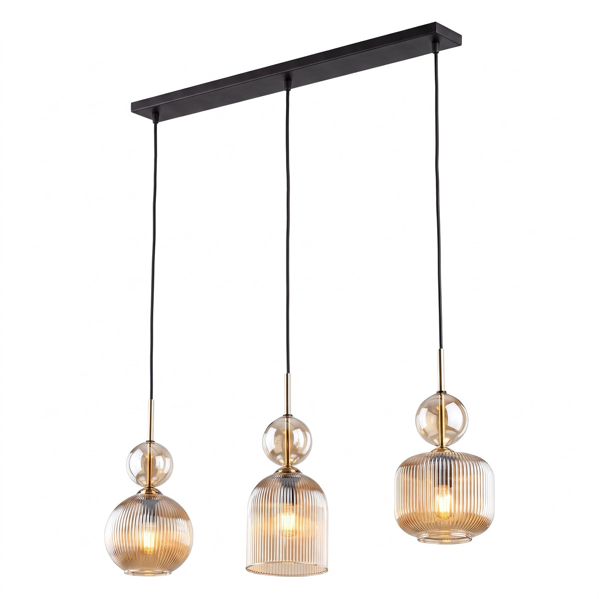 SOPHIA linear pendant lit, warm light through the ribbed cognac glass